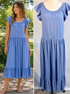 Lilla P Blue  Ruffle Hem Short Sleeve Midi Dress Sz S💚